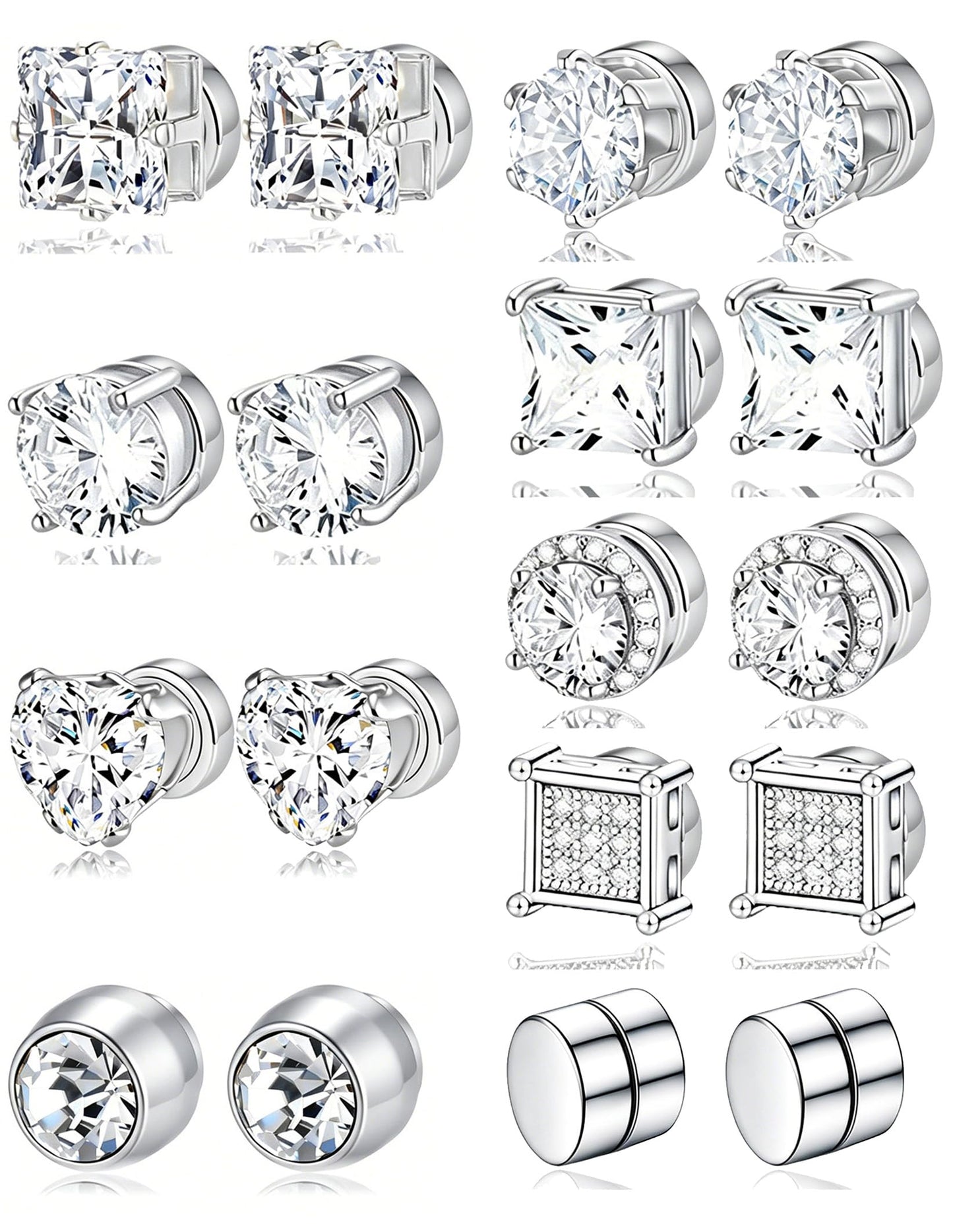 Ofeiyaa Magnetic Stud Earrings Stainless Steel Non-piercing CZ Heart Round Square Triangle Halo Earrings for Men Women Fake Clip on Stud Earring Jewelry Set for Sensitive Ears Silver Tone 6MM 8MM