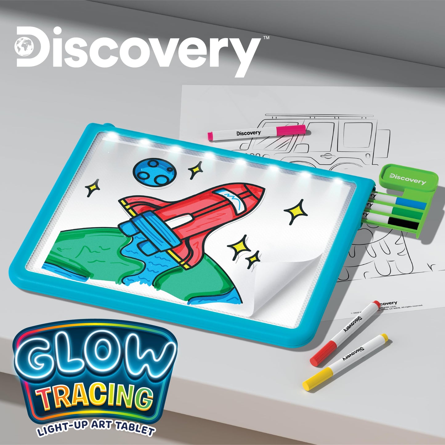 Discovery™ Glow Tracing Light-Up Art Tablet – Includes 10 Templates, 10 Blank Sheets, 6 Washable Markers| Writing Drawing Tablet for Kids| Craft Kit for Boys Girls| Doodle Board Drawing Pad Toy Gift