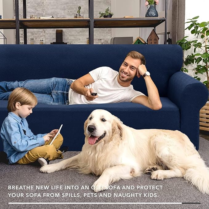 XINEAGE 2026 New Extra Large Couch Cover for 3 Cushion Couch (91"-110")1 Piece Stretch Oversized Sofa Slipcovers Jacquard 4 Seater Furniture Protector Elastic Bottom for Kids,Pet (XL Sofa, Navy Blue)