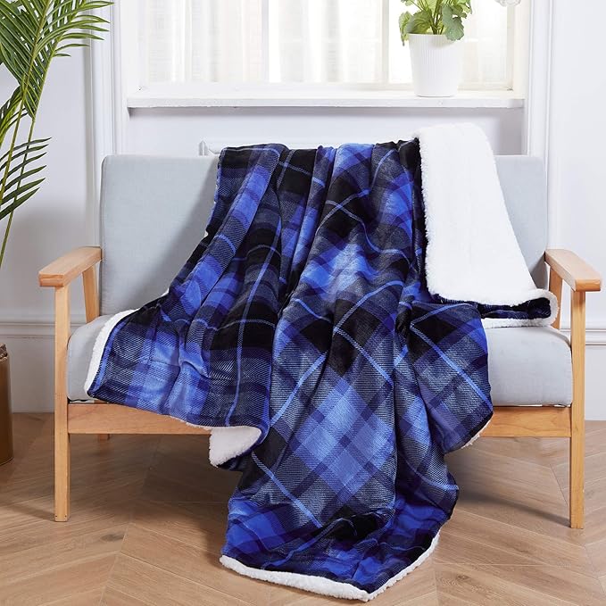 SOCHOW Sherpa Plaid Fleece Throw Blanket, Double-Sided Super Soft Luxurious Bedding Blanket 60 x 80 inches, Blue