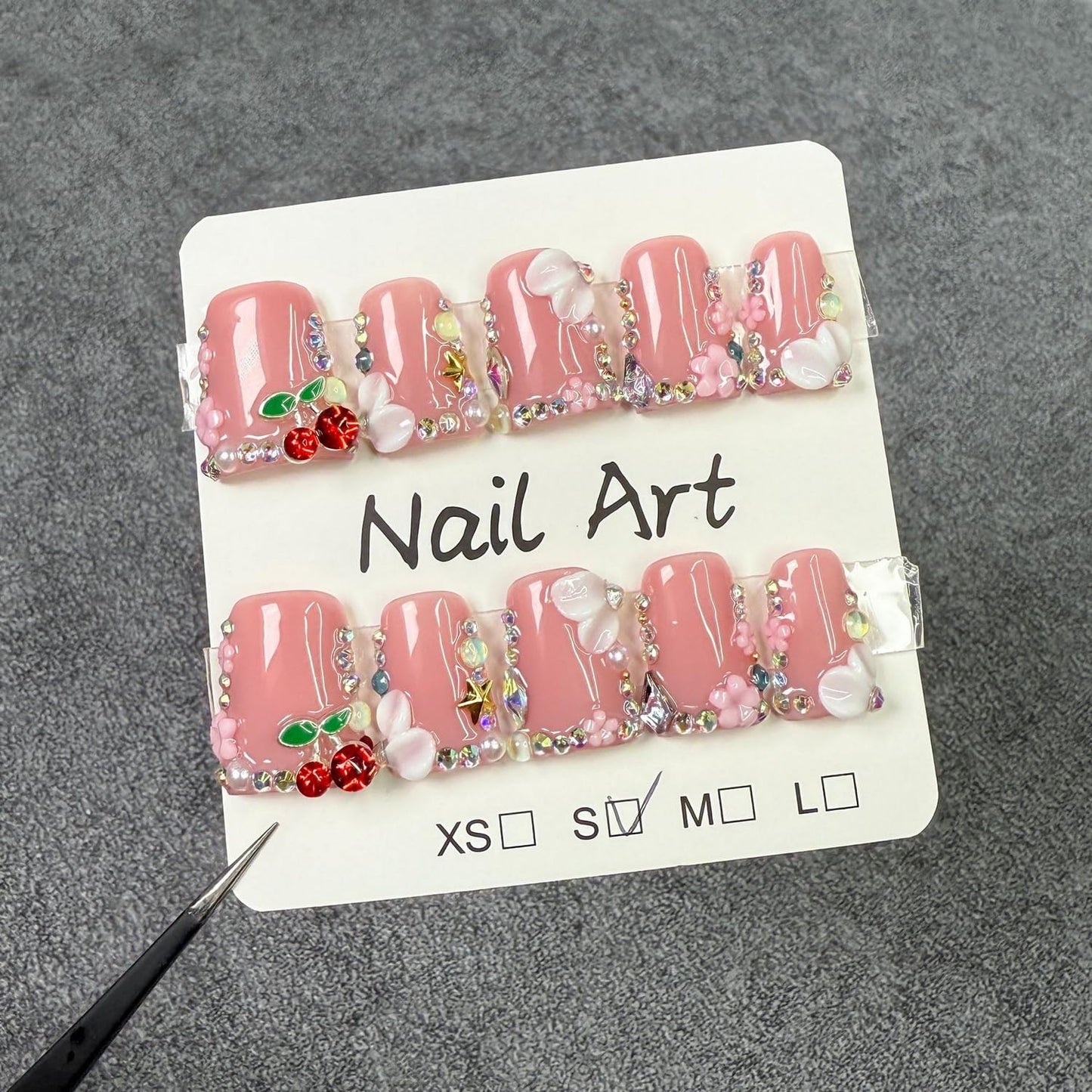 Duck Press on Nails Duck Handmade Press on Nails 3D Luxury Rhinestone Cherry and Pearl Acrylic Fake Nails Designs Flower Stick on Nails Full Cover Thickened False Nails for Women Nail Art DIY（M)