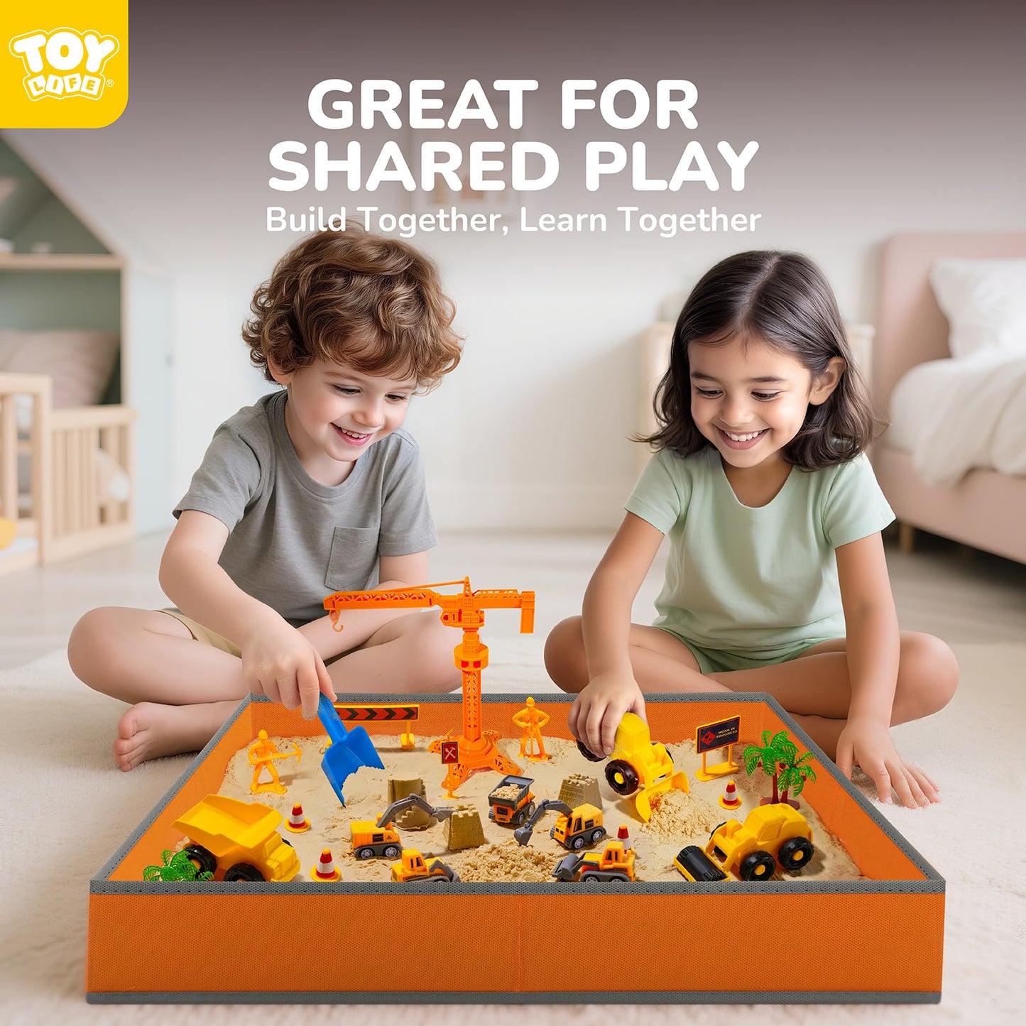 TOY Life 38 Pcs Sand Construction Kit with Big Foldable Sandbox with 2.2Ibs Magic Sand, Trucks, Castle Molds & Beach-Side Mat – Indoor Sandbox Toy Construction Sensory Bins for Toddlers