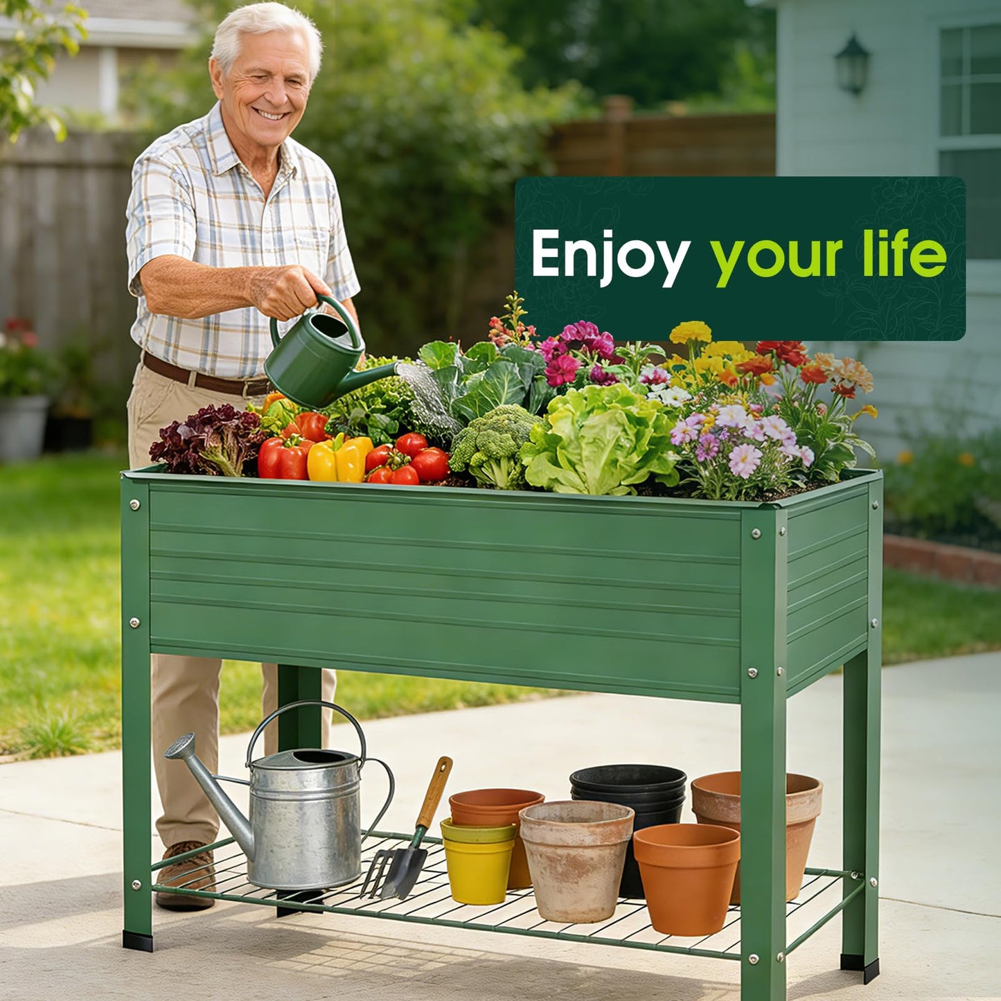 YKTEEDENS 2-Pack Raised Garden Beds - Galvanized Steel Planter Boxes, 400 lb Capacity, 5 Drainage Holes & 2 Flow Channels, Elevated Garden Bed with Mesh Bottom for Outdoor Gardening