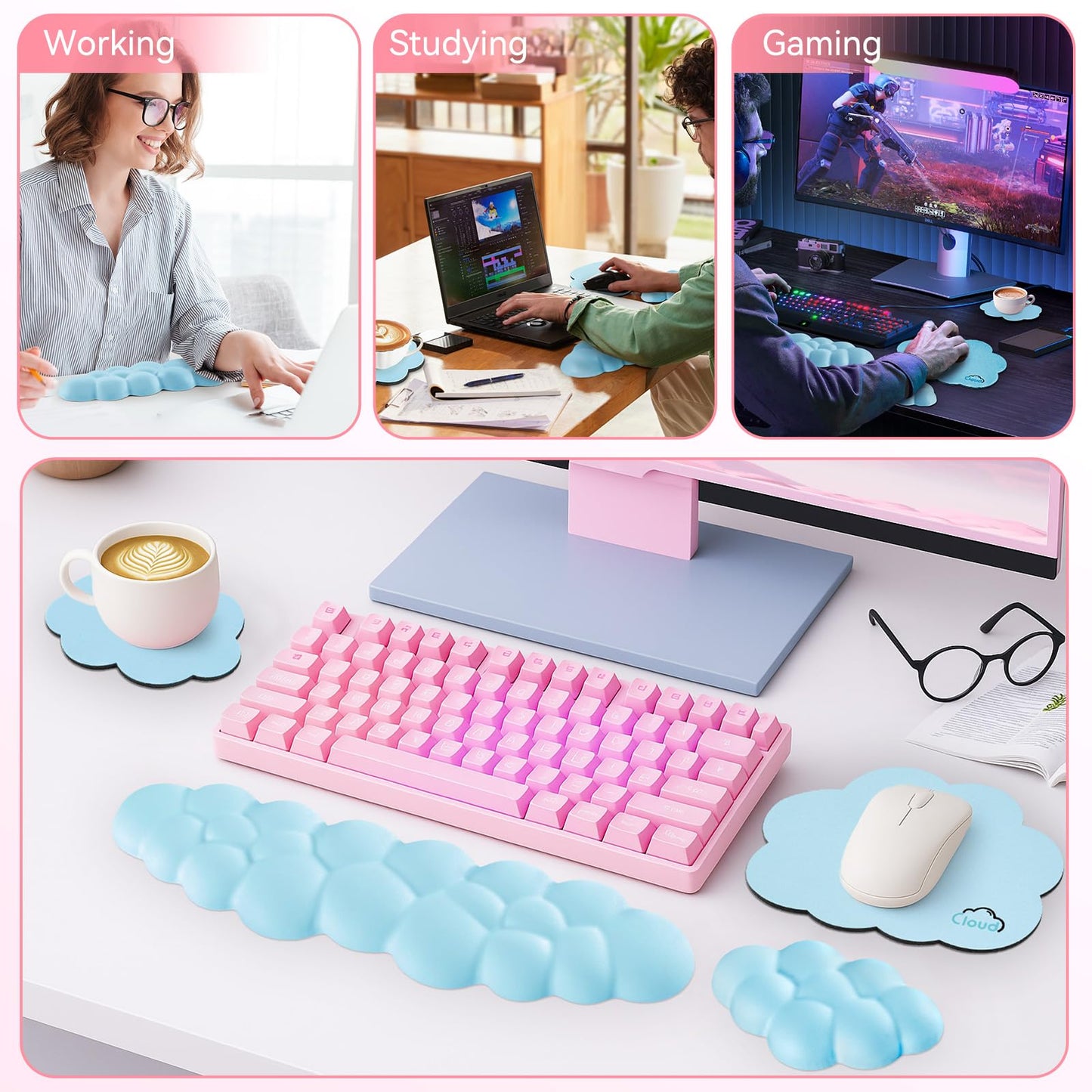 Sushret Cloud Wrist Rest for Computer Keyboard, 4-in-1 Memory Foam Leather Cloud Keyboard Wrist Rest and Mouse Pad Set with Ergonomic Support for Arm and Palm Cushion, Gaming/Work Setup, Blue