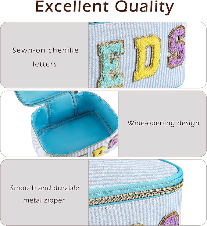 Chenille Letter MEDS Makeup Bag,Large Size Striped Medicine RX Cosmetic Bag with Top Handle, Aesthetic Seersucker First Aid Travel Organizer Bag for Women Girls(01Blue)