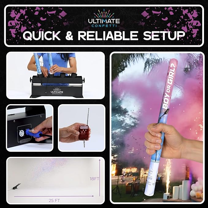 Ultimate Confetti - Electric Pink Powder Cannon Cartridge 32” - Pre-Filled with Food-Grade Powder, Leak-Resistant Gender Reveal Poppers Cannon, Requires EC-1 or EC-4 Confetti Machine to Activate