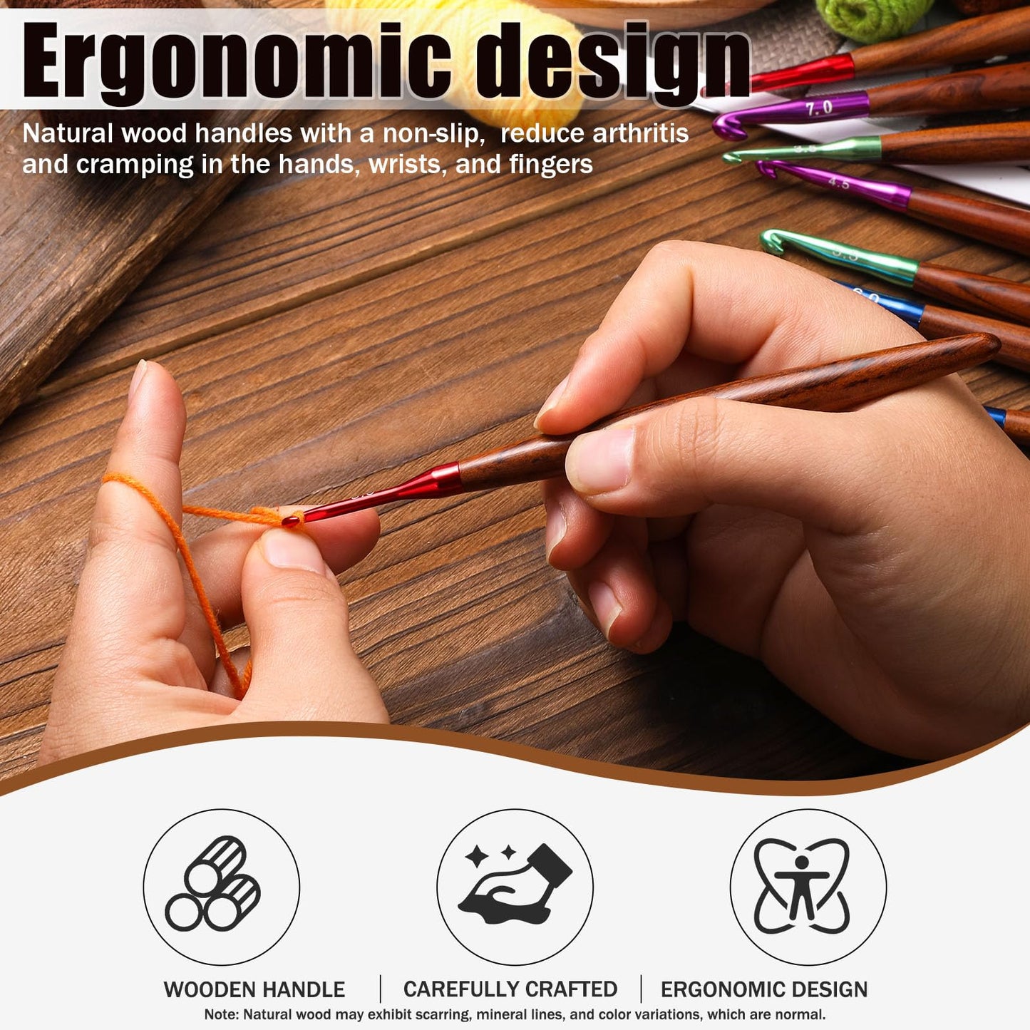 Giwrmu Crochet Hook Set, 5 Pcs Ergonomic Crochet Hooks, Colored Aluminum Crochet Hook with Wooden Handle for Arthritic Hands Knitted Dolls, Gloves, Sweaters, Blankets - 3.0mm/3.5mm/4.0mm/4.5mm/5.0mm