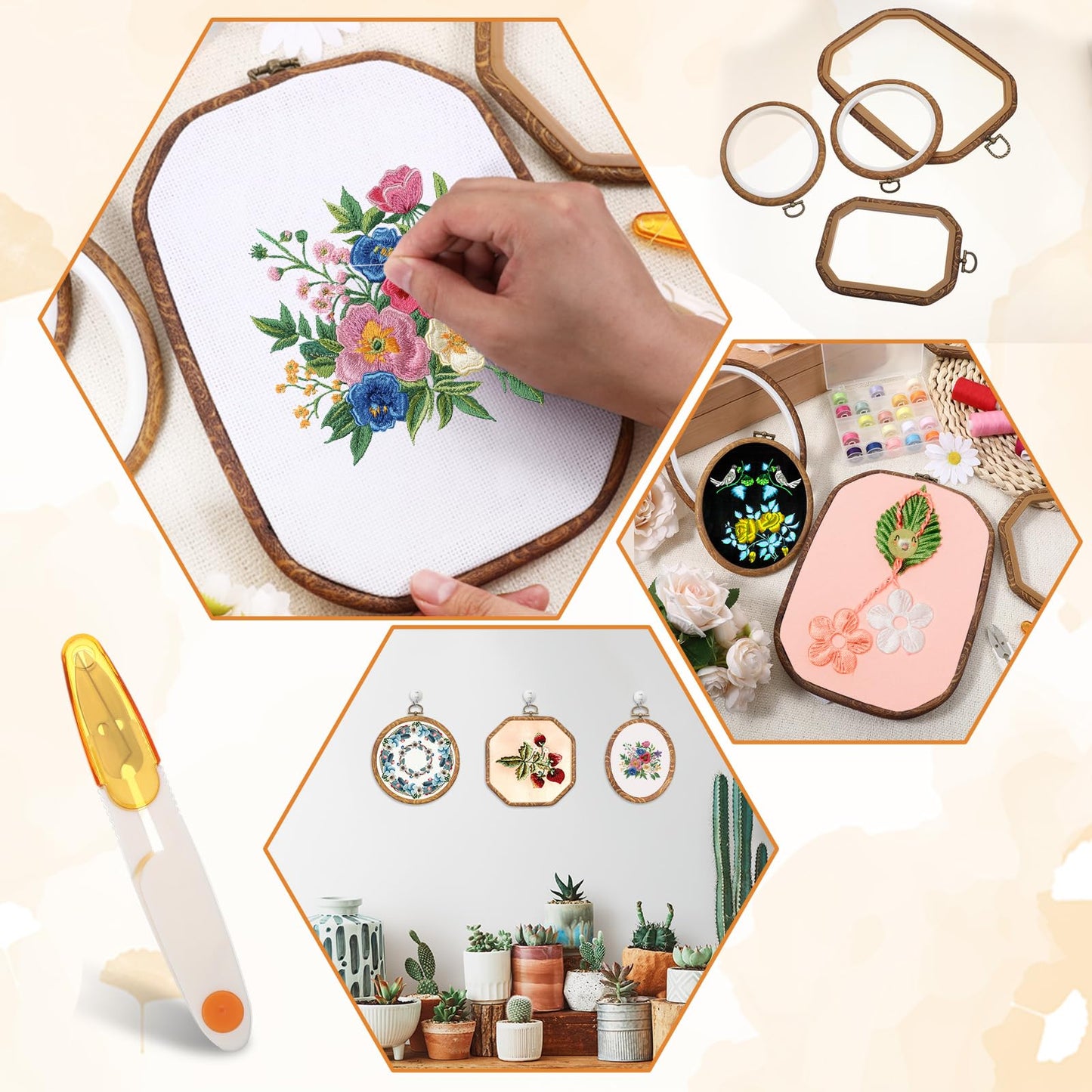 Oqqlin 9 Pcs Embroidery Hoop Frame, 4 Shapes Large Imitated Wood Cross Stitch Hoop Ring with Scissors Display Decorative Embroidery Hoops for DIY Arts, Crafts, Sewing, Hanging Ornaments Decor