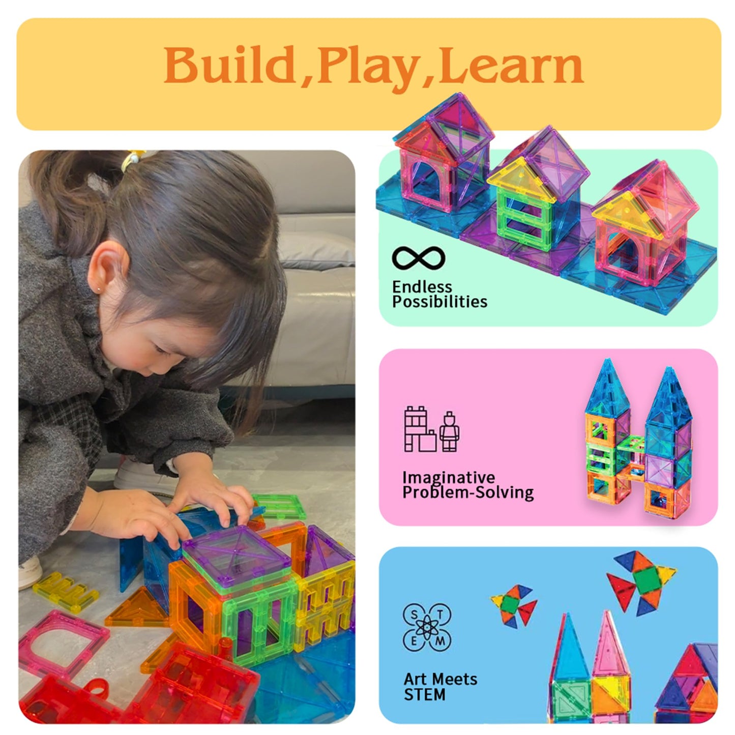 Buildbright kids Magnetic Building Tiles 138 pcs with Storage Organizer & Play Mat – Montessori STEM Educational Construction Blocks, Creative Learning Toys for Kids