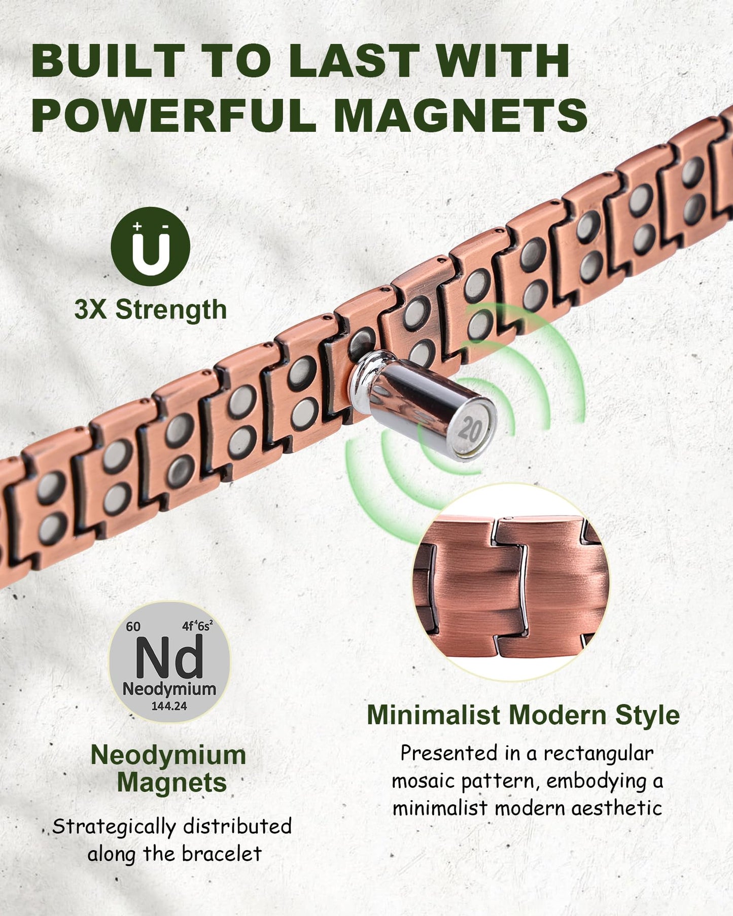 MagEnergy Copper Magnetic Bracelet for Men, 99.9% Pure Copper Bracelet with Double-Row Strength Magnets, Adjustable Jewelry with Sizing Tool