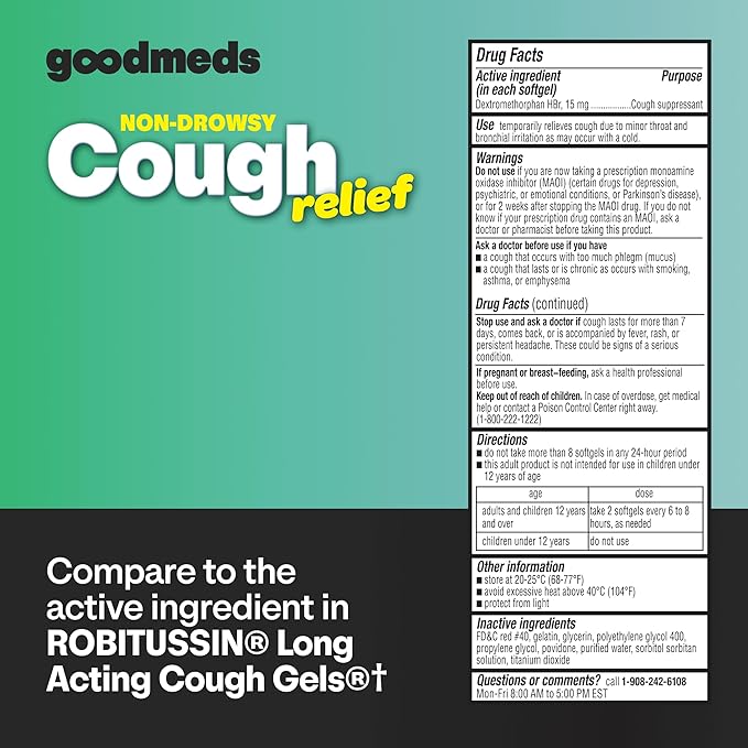 Cough Relief for Adults 120 Softgels Dextromethorphan HBr (DXM) 15mg 8Hour, Non-Drowsy, Long-Lasting Bronchial Suppressant for Dry Cough and Chest Congestion