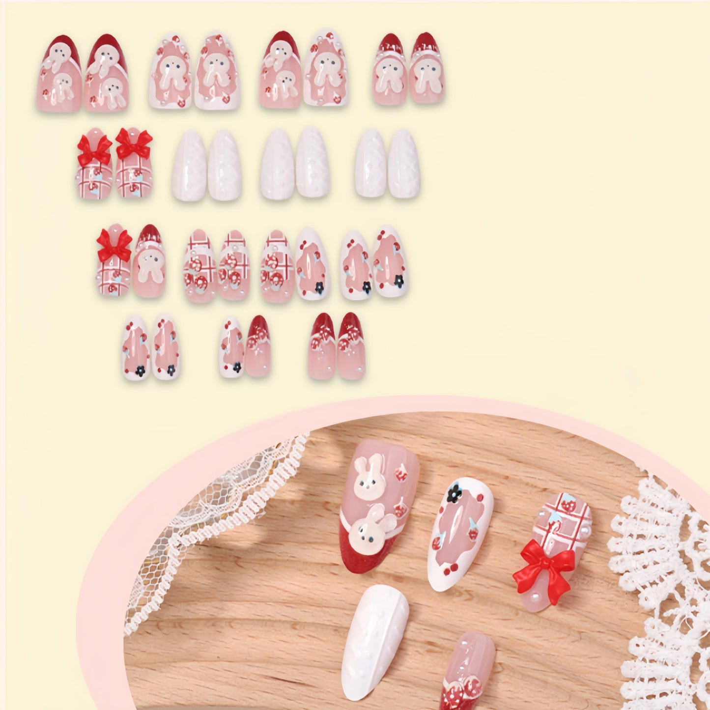 30Pcs Cute Rabbit Press on Nails Medium Almond 3D Bow Fake Nails with Strawberry Flower Design Red French Tip Pink Acrylic Nails Kit Bunny Pearl Artificial Glossy Full Cover Stick on Nails for Women