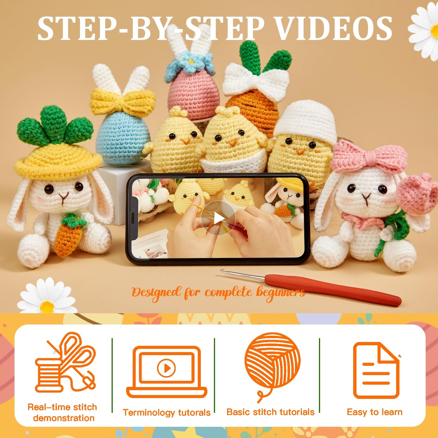 MAGIMUSE Crochet Kit for Beginners, Crochet Starter Kits for Adults Amigurumi Craft Knitting Crochet Animals Kits w Step-by-Step Video Tutorials, Easter Bunny/Chick/Eggs(40%+ Yarn)
