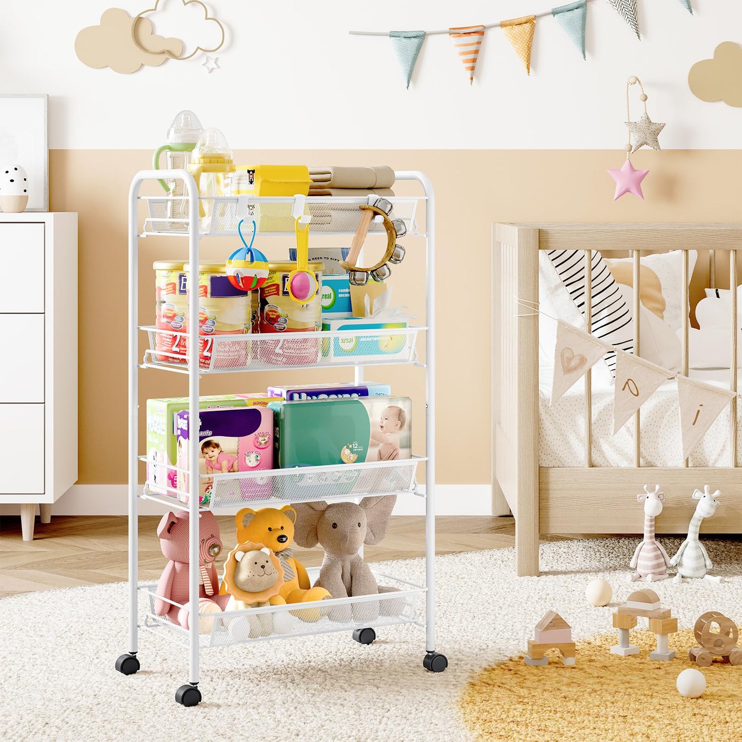 SYKIARIOL 4-Tier Metal Utility Cart, Mesh Wire Rolling Cart on Wheel, Storage Trolley with Easy Assembly, Organizer Craft Cart 3 Hooks, Mobile Shelving Unit for Bathroom, Laundry Room, Home