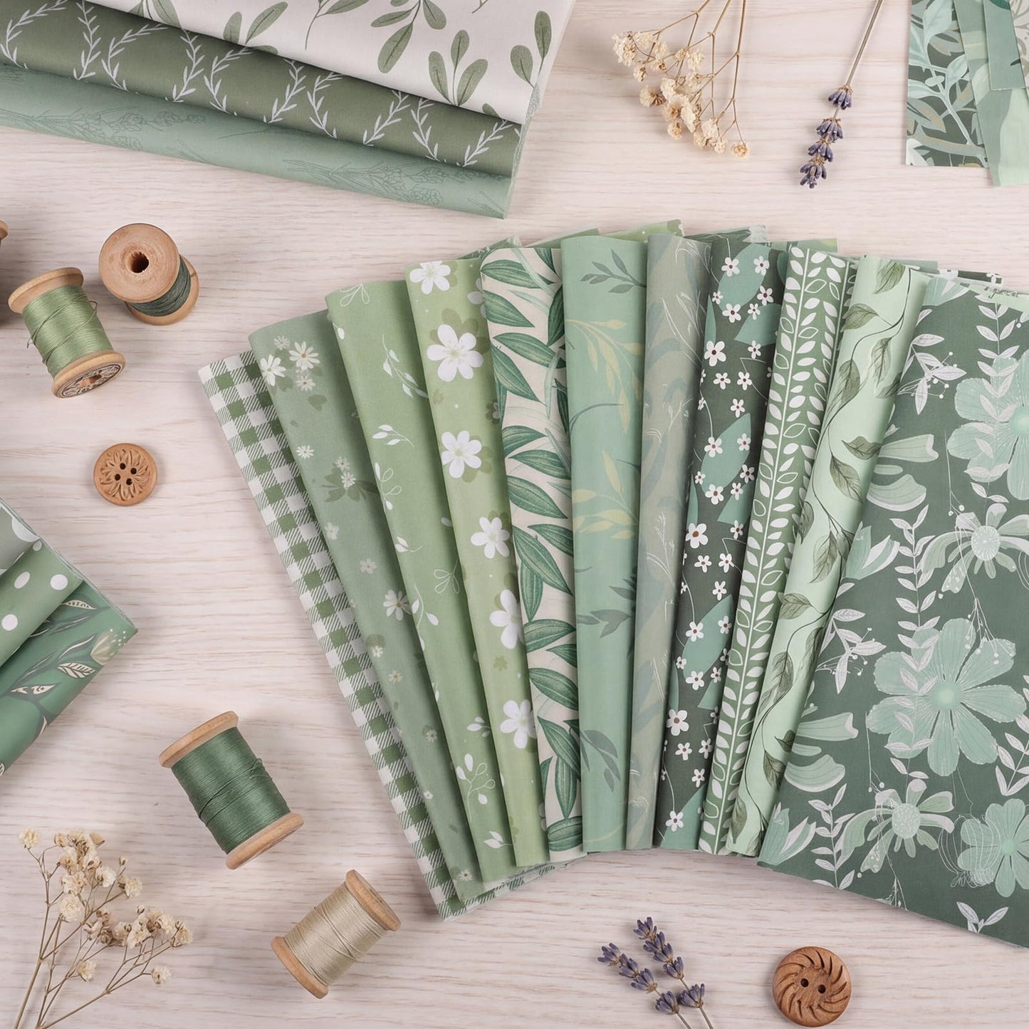 25 Pcs Sage Green Quilting Fabric Scraps, 10''x10'' Green Cotton Fabric Squares Vintage Precut Quilt Kits Include Floral Pattern Spring Leaf Print for DIY Craft Supplies