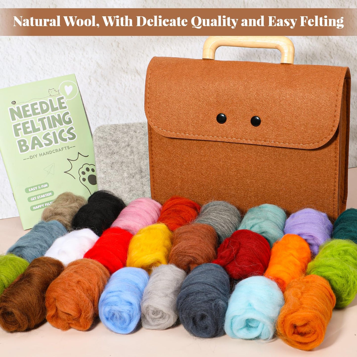 Oqqlin 62 Pcs Needle Felting Kit, Felting Kits for Beginners Adult Including 24 Colors Wool Roving, Felt Needles, Felt Pad, Needle Handles, Finger Beds, Keychains, Fake Eyes, Storage Bag, Instruction