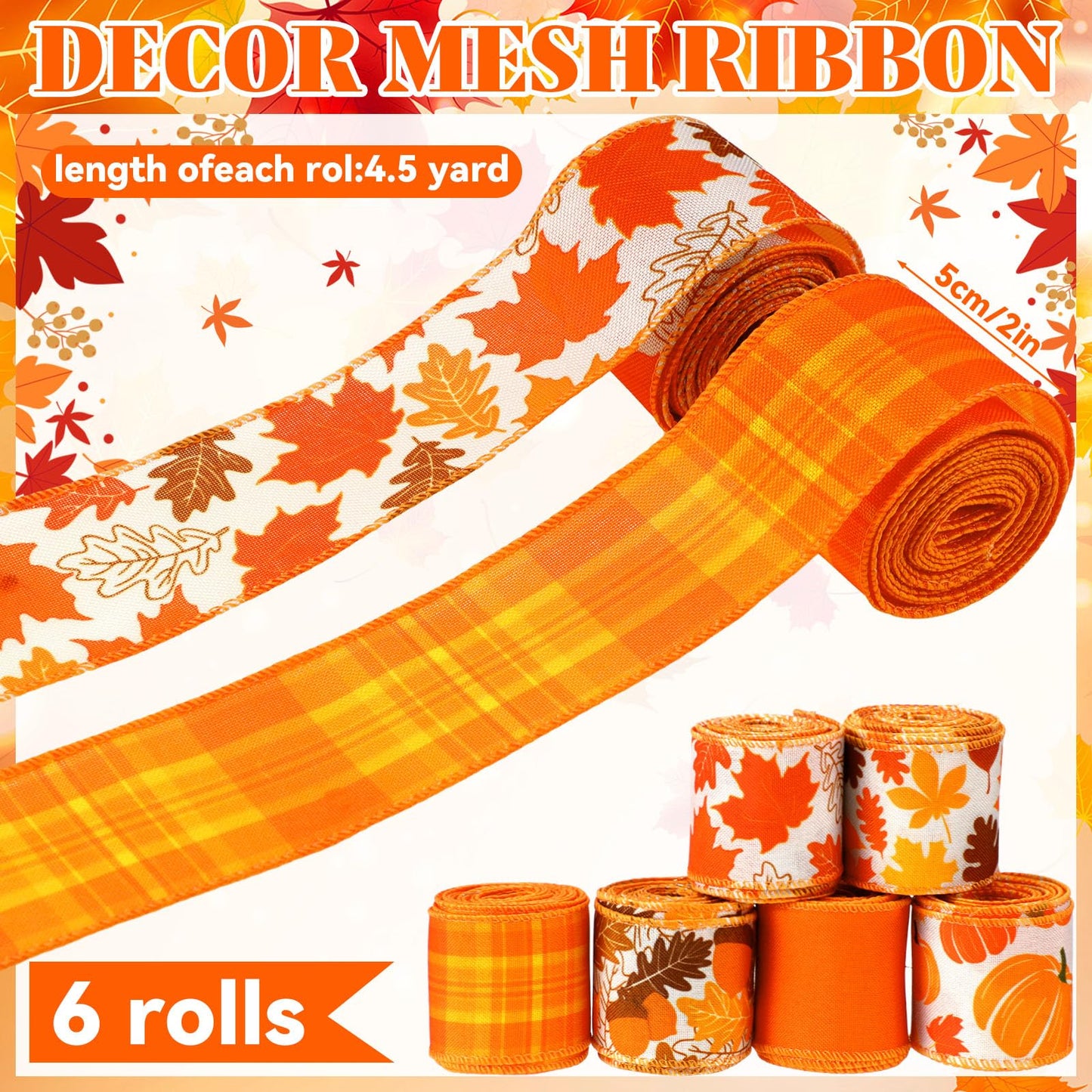 Giegxin 6 Rolls 30 Yards Thanksgiving Fall Wired Ribbon Burlap Wrapping Ribbon Plaid Pumpkin Maple Leaf Harvest Fall Thanksgiving Wreath Decoration for Autumn Crafts Bow Decor Gifts Making