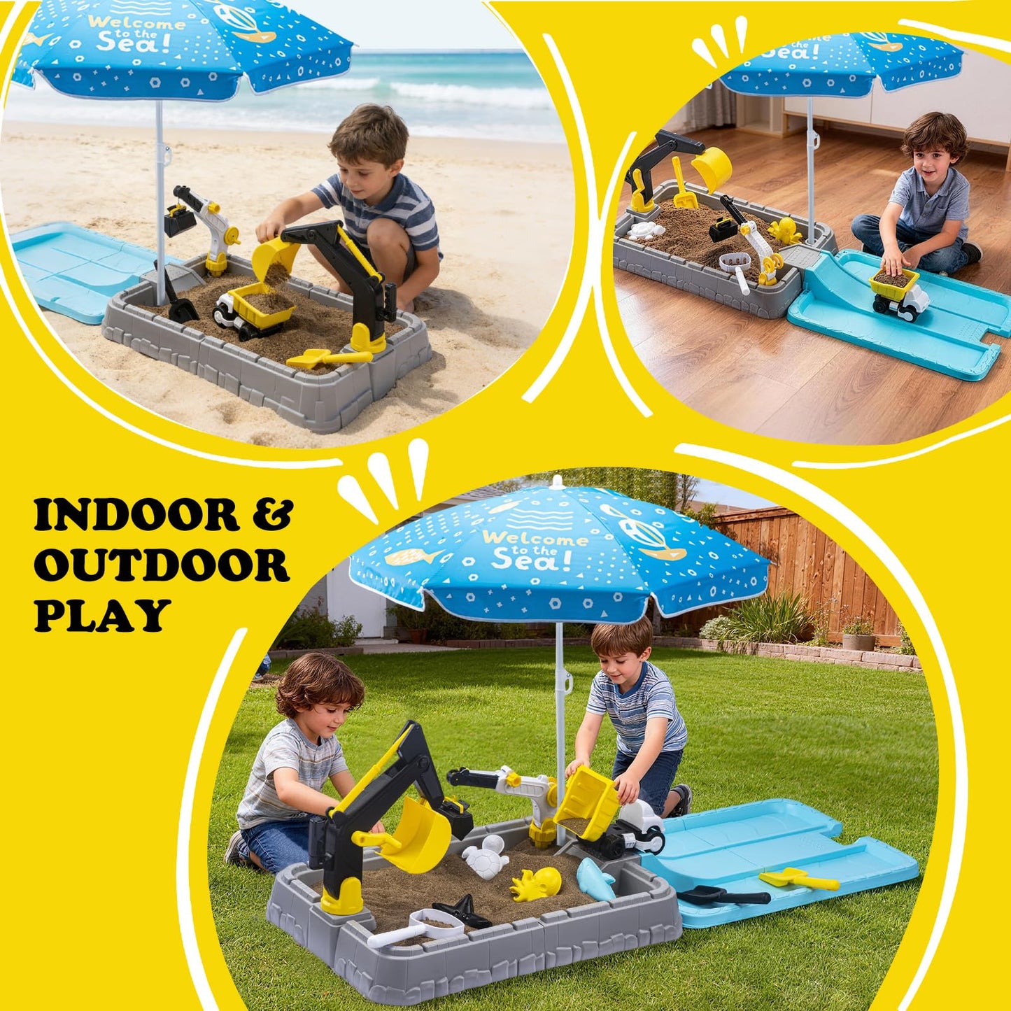 VROGTIK Kids Excavator Sandbox with Umbrella & Cover, Construction Sandbox Set with Beach Toys & Dump Truck, Outdoor Educational Play Set for Toddlers Ages 3-12