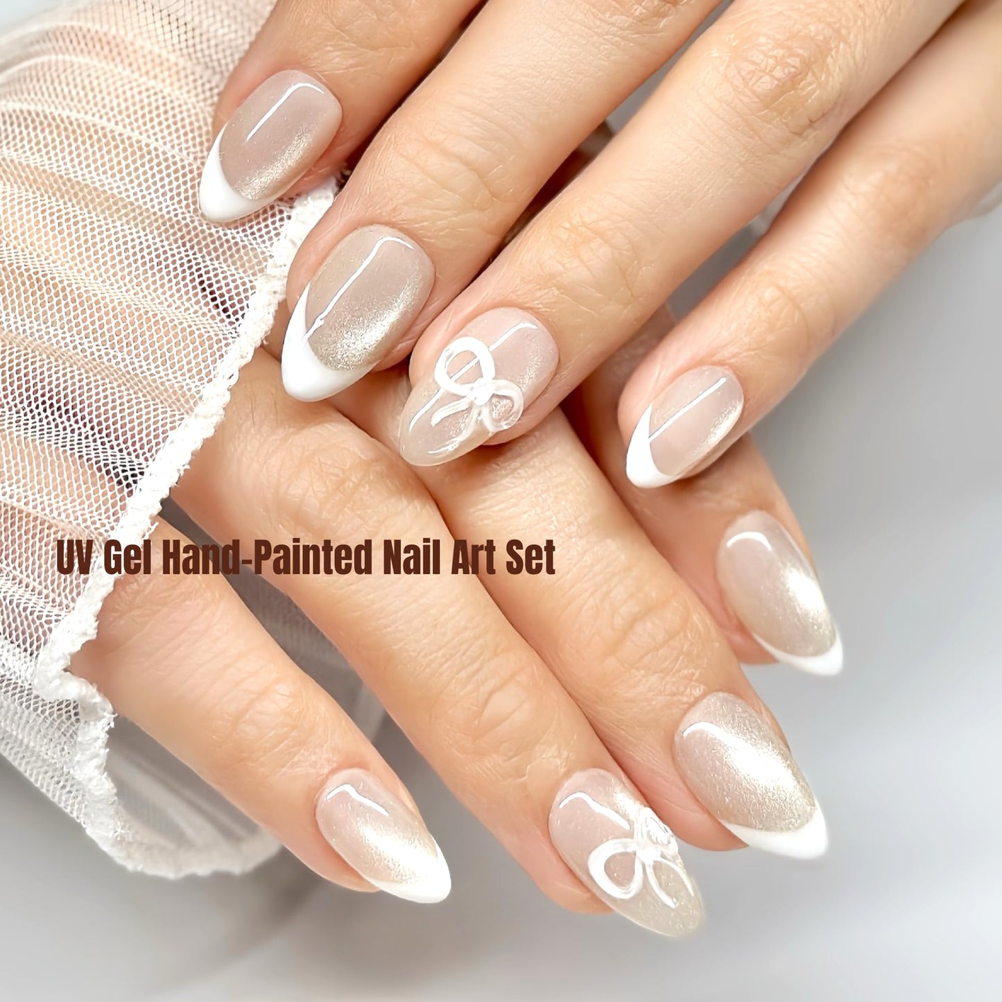Sunruby Press On Nails Short Almond Pearlescent Shimmer Cat Eye with French Tip White 3D Bow|Reusable Soft Gel Nails in 12 Sizes-24 Nail Kit with Glue|Designed in L.A, Handmade in Vietnam|Pearl Belle