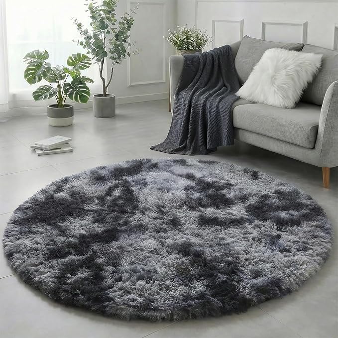 Amdrebio Tie-Dyed Dark Grey Round Area Rugs for Living Room, 6x6 Rug, Soft Thick Large Circle Rug for Bedroom, Big Shag Fluffy Fuzzy Carpet for Mens Boys Kids Room, Modern Cool Floor Circular Rug