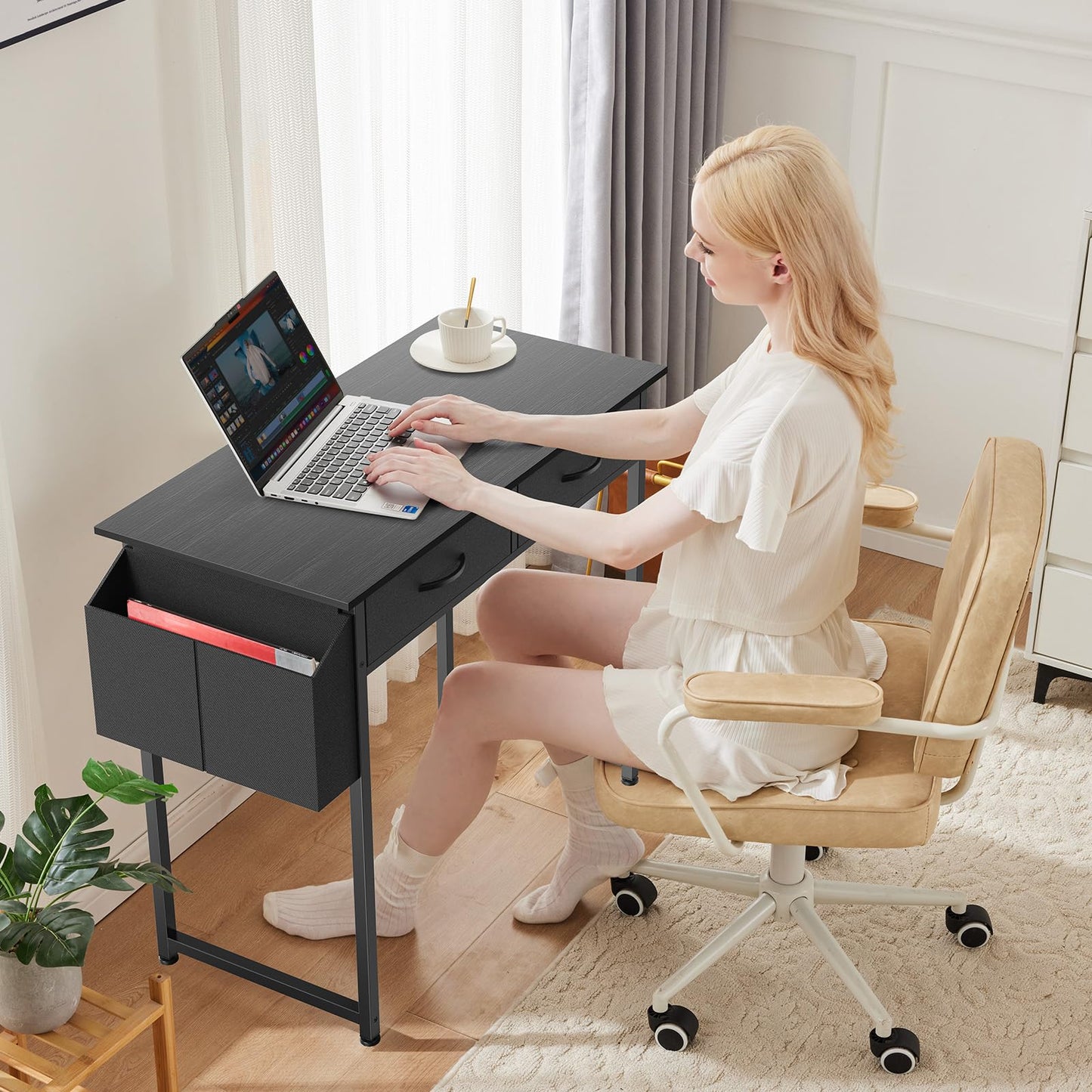Sweetcrispy Small Desk with Fabric Drawers for Bedroom Home Office, 32 Inch Computer Gaming Desk Writing Study PC Table with Side Bag Headphone Hook Metal Frame Adjustable Feet,Pure Black
