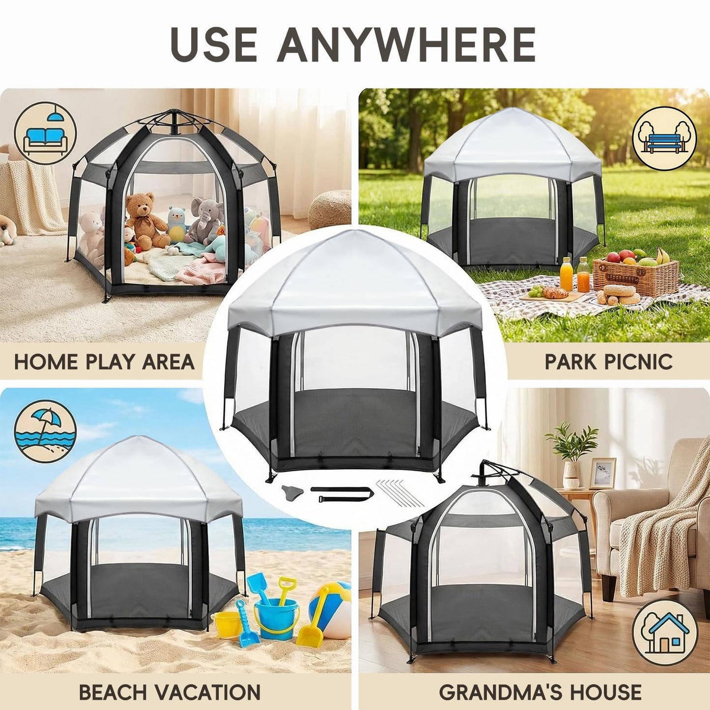 Palopalo Black Pop Up Baby Beach Tent - UPF50+ Sun Protection Canopy & Mosquito Net, Instant Setup Portable Playpen for Indoor & Outdoor Play, Lightweight Pack and Play Yard