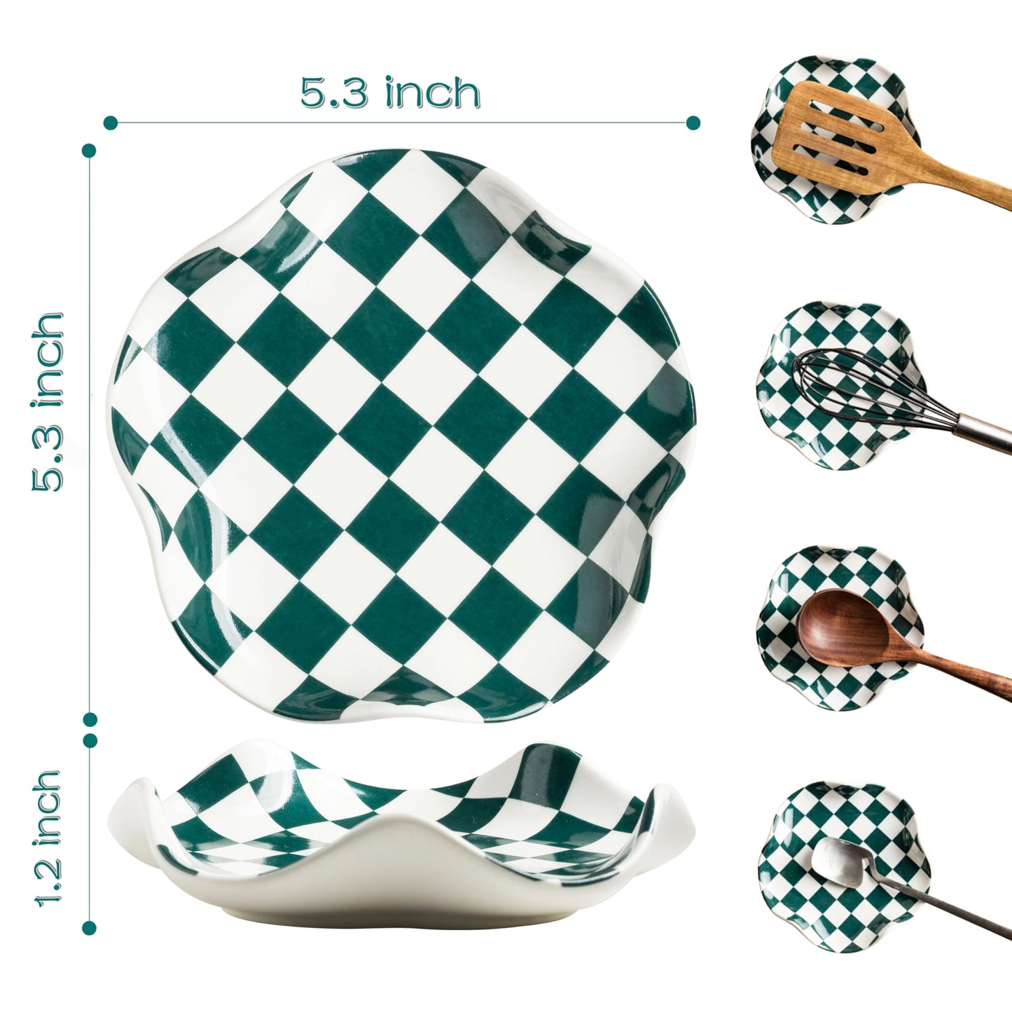 Miamolo Ceramic Spoon Rest for Stove Top, Spoon Holder for Kitchen Counter, Large Utensil Spatula Holder for Stove, Heat Resistant Cooking Spoon Rest, Checkered Kitchen Decor Gift for Housewarming