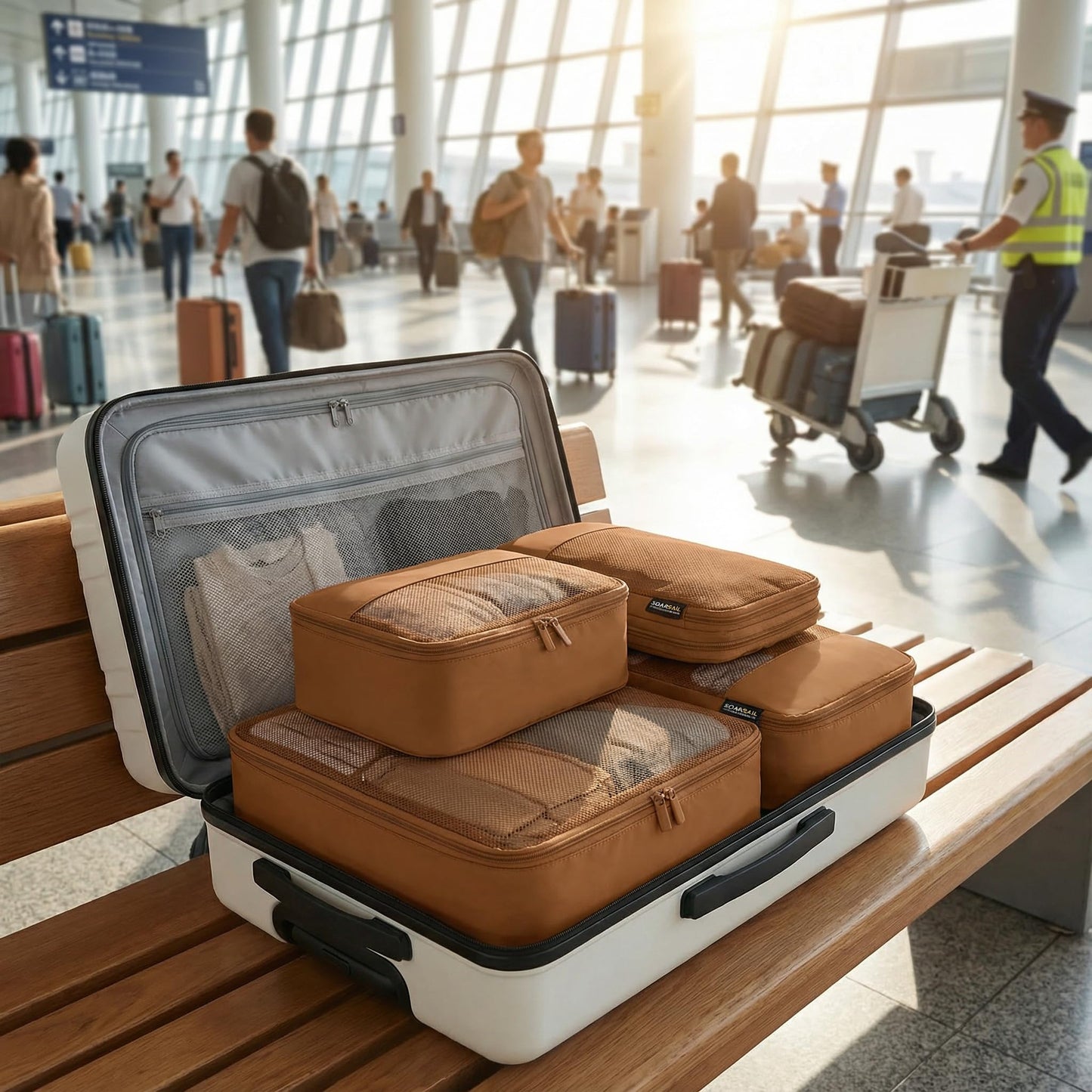 SOARSAIL 4 Piece Compression Packing Cubes for 3–7 Day Travel, Lightweight Travel Organizers with Breathable Mesh, Double-Zipper Packing Cubes for Carry-On & Suitcases (Light Brown)