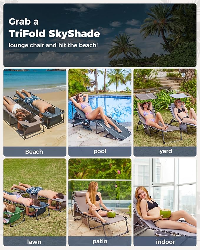 KingCamp 2 Pack Tanning Chair with Face Hole, Lounge Chairs Outdoor Folding Comfy Adjustable 5-Position Chaise Chaser with Canopy Shade for Outside Beach Patio, Blue/Grey