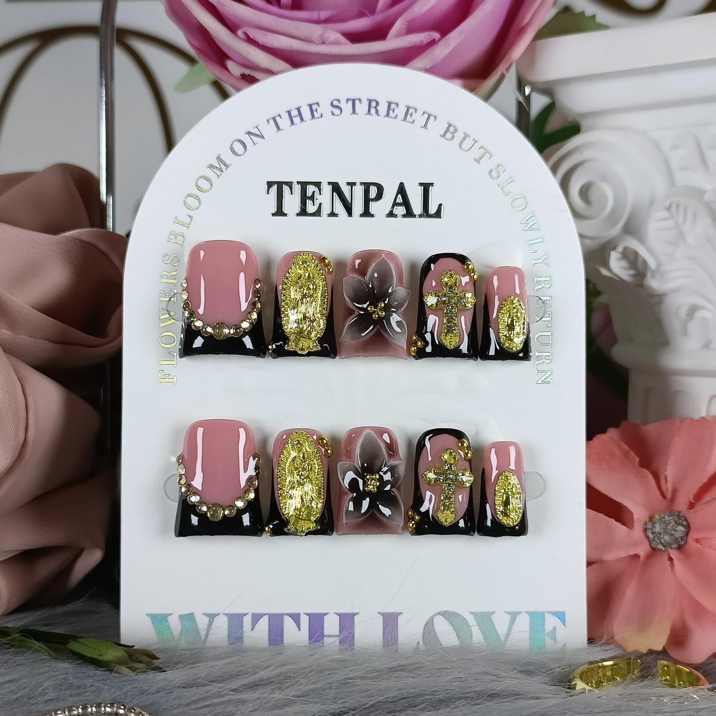 TENPAL Duckbill Press on Nails - Black Pink French with 3D Cross & Saint Charm | Ornate Handmade False Nails | Gothic Y2K Style(L)