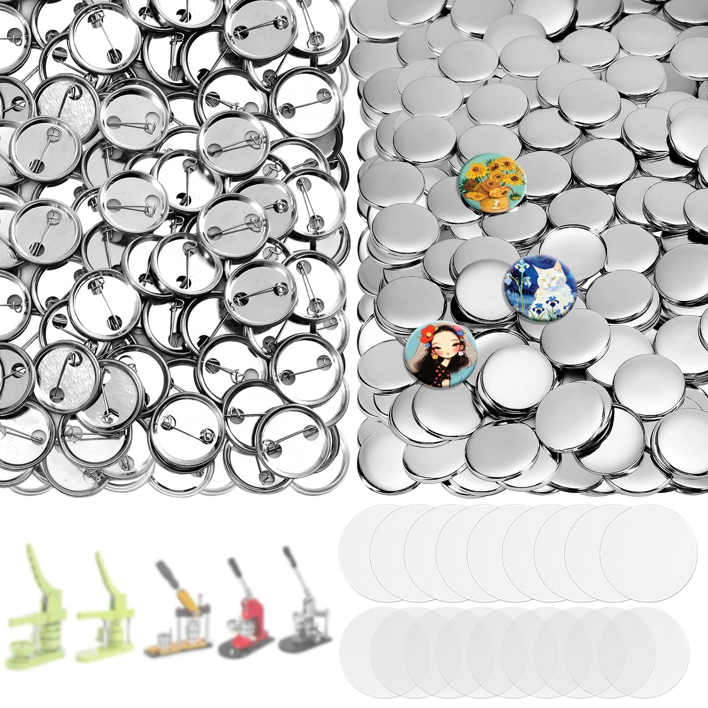 200 Sets Button Maker Supplies, 32mm/1.25 inch Button Supplies, with Metal Needle Back Cover, Metal Cover, Transparent Film and Blank Paper, Suitable for Button Making Machine and Pin Maker Press