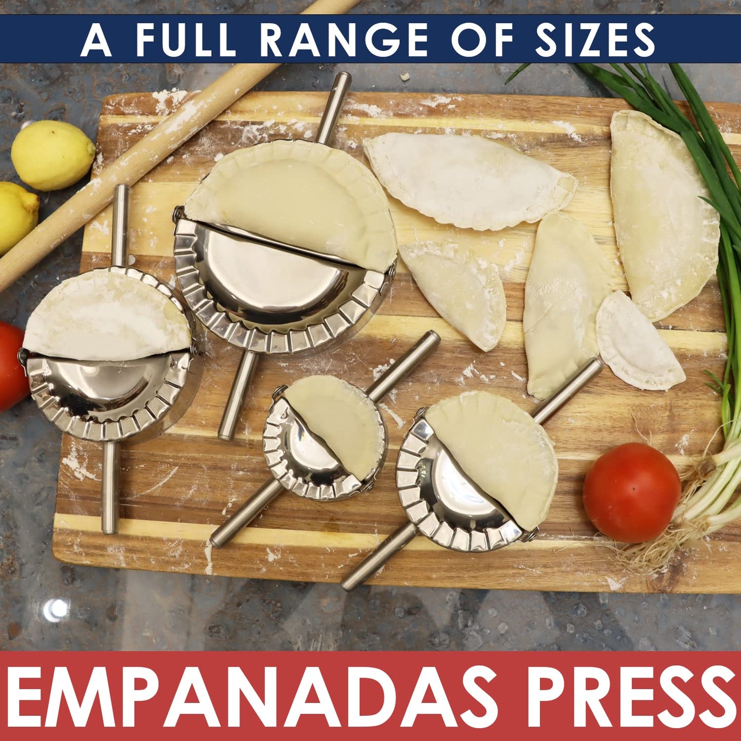 KAYCROWN Empanada Maker Press, Stainless Steel Dumpling Maker Set, 2-in-1 Dough Cutter Dumpling Mold Set for Ravioli, Pierogi, Turnovers, Calzone, Dumpling, 4 Sizes (XL/6"+L/4.75"+M/4"+S/3.25")