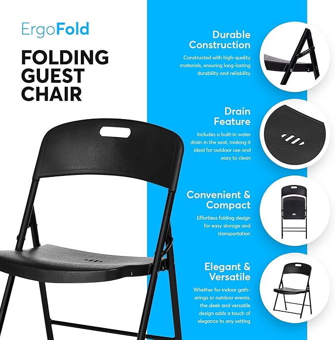 Oline Folding Chair, Indoor Outdoor Plastic Commercial Stackable Foldable Guest Chairs for Events Office Wedding Party Picnic Kitchen Dining, 350lb Capacity (Black, 1 Pack)