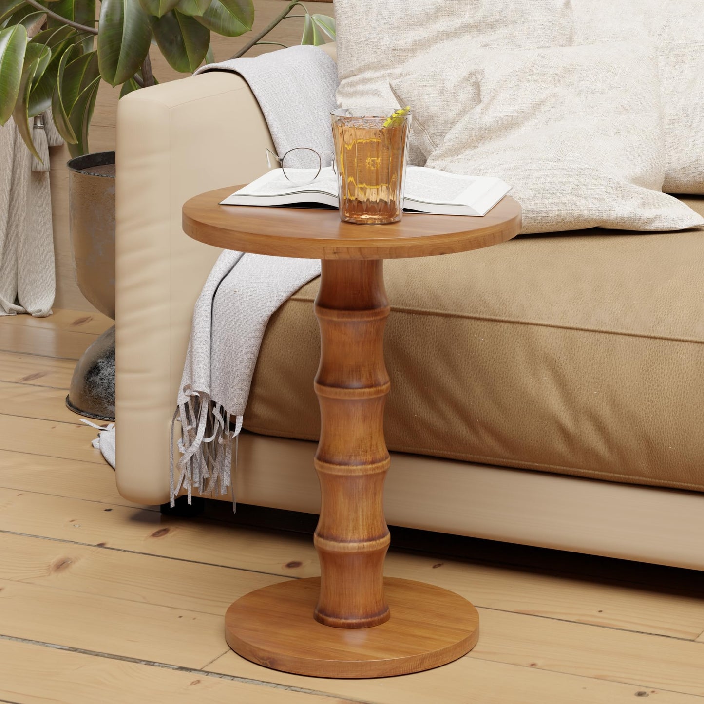 COZAYH Solid Cedar Pedestal End Table with Turned Wood Base, Round Wooden Side Table, Small Space Accent Table for Living Room or Entryway, Warm Natural