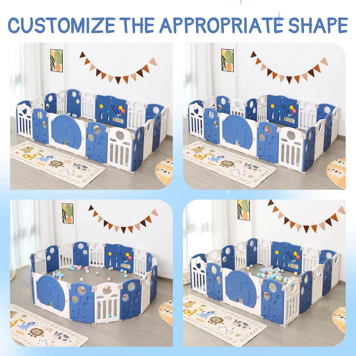 HAPPYMATY Baby Playpen, 14-Panel Foldable Play Pen for Babies and Toddlers, Indoor Outdoor Baby Fence with Sensory Play Panel, Adjustable Shape Activity Play Center, Portable & Easy Assemble