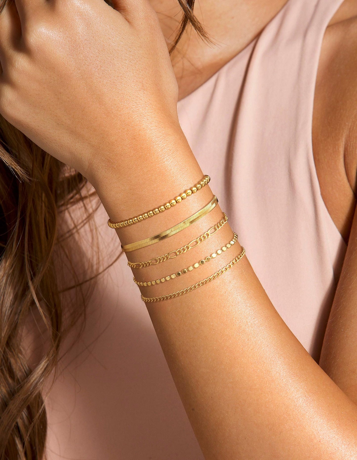 DEARMAY Dainty 14K Gold Plated Chain Bracelets for Womens Trendy Waterproof Gold Jewelry Set Fashion Stackable Beaded Figaro Herringbone Link Bracelet Pack Stack Gifts