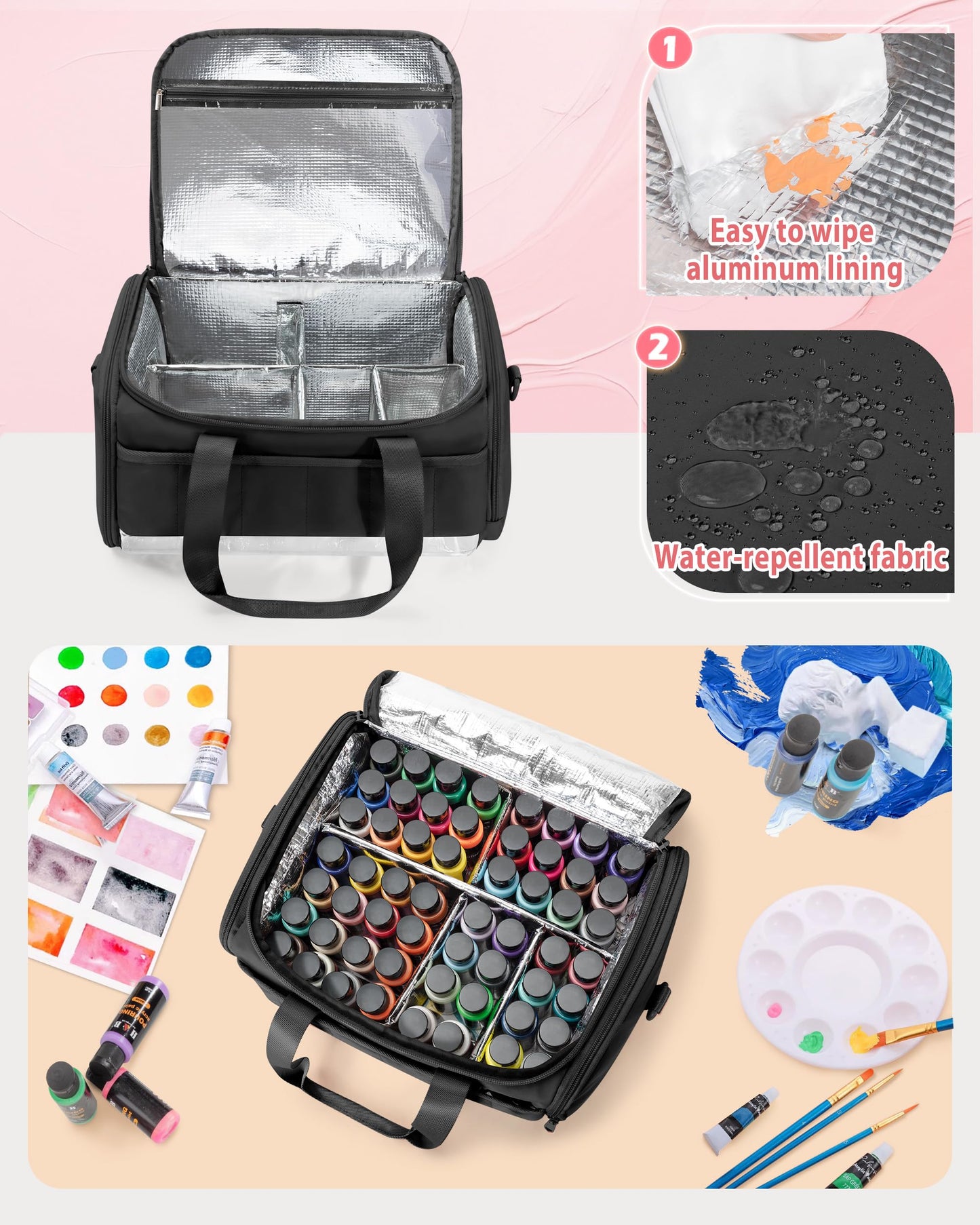 Marscamd Acrylic Paint Organizer Holds 60 Bottles (2 oz), Acrylic Paint Storage Bag with Tools Storage Sections and Crossbody Strap, Black