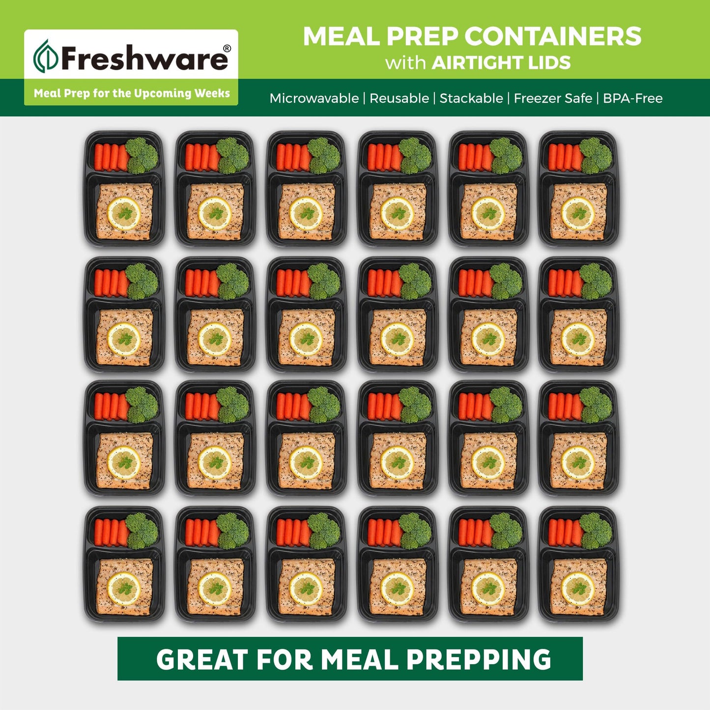 Freshware Meal Prep Containers [15 Pack] 2 Compartment with Lids, Food Storage Containers, Bento Box, BPA Free, Stackable, Microwave/Dishwasher/Freezer Safe (28 oz), Black