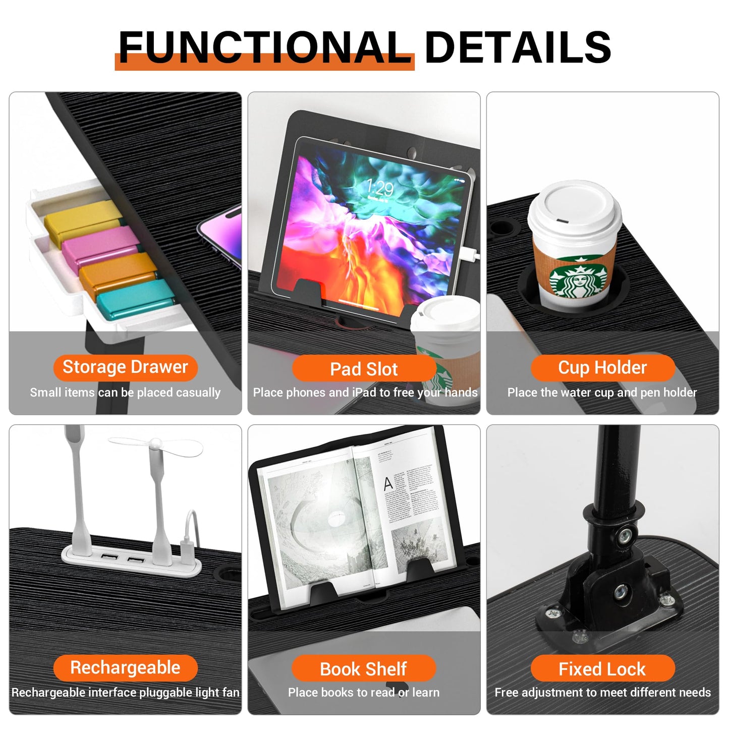 DECOSIS Laptop Desk for Bed Height Adjustable, Lap Bed Table with USB/Storage Drawer/Cup Holder/Tablet Stand/Book Shelf, Foldable Breakfast Tray Portable for Reading Writing, Sofa & Floor, Black