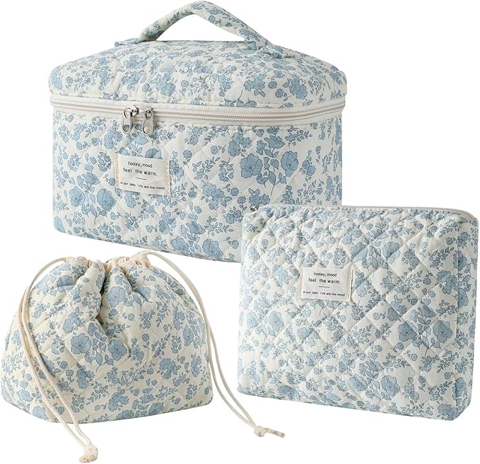 3Pcs Aesthetic Cotton Quilted Drawstring Makeup Bag Set, Cute Flowers Makeup Pouch for Girls and Women, Coquette Travel Organized Cosmetic Bags for Purse, Toiletry Bag (07Blue Flower)