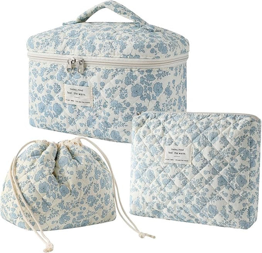 3Pcs Aesthetic Cotton Quilted Drawstring Makeup Bag Set, Cute Flowers Makeup Pouch for Girls and Women, Coquette Travel Organized Cosmetic Bags for Purse, Toiletry Bag (07Blue Flower)