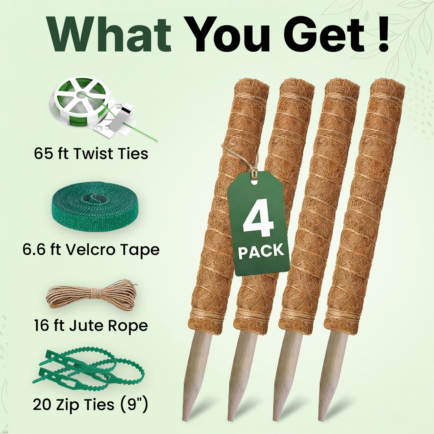 4 Pack 16" Moss Pole Monstera Plant Support - Stackable up to 48" - Plant Stakes for Indoor Climbing Plants Potted - Tall Coco Coir Pole Sticks & Accessories for Monstera, Pothos & Philodendron