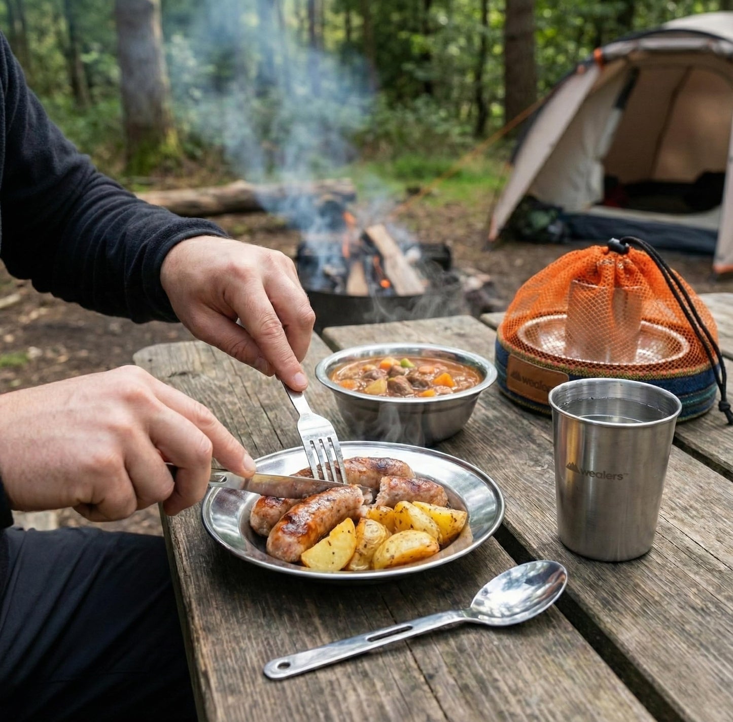 Wealers Unique Complete Messware Kit Polished Stainless Steel Dishes Set| Tableware| Dinnerware| Camping| Buffet| Includes - Cups | Plates| Bowls| Cutlery| Comes in Mesh Bags (2 Person Set Blue)