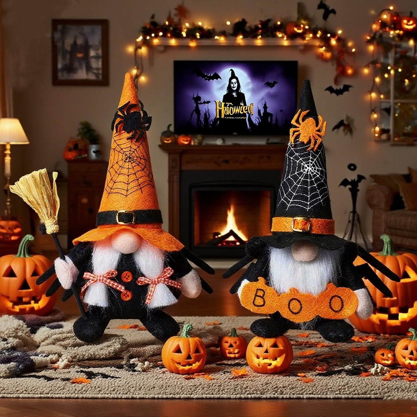 Ni-JASW Halloween Plush Gnomes Set of 2, Spooky Orange Black Spider Web Swedish Tomte Elf Figurines for Tiered Tray Home Decor