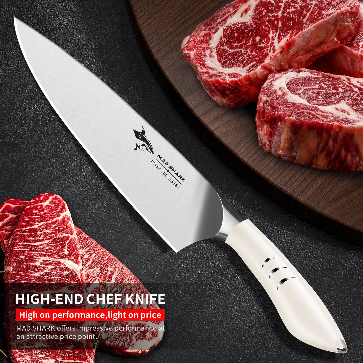 MAD SHARK Chef Knife 8 inch Kitchen Knife High Carbon Stainless Steel Sharp Chef's Knives with Ergonomic Handle, Cooking Knife with Gift Box, Birthday Gifts for Mom/Dad(White)