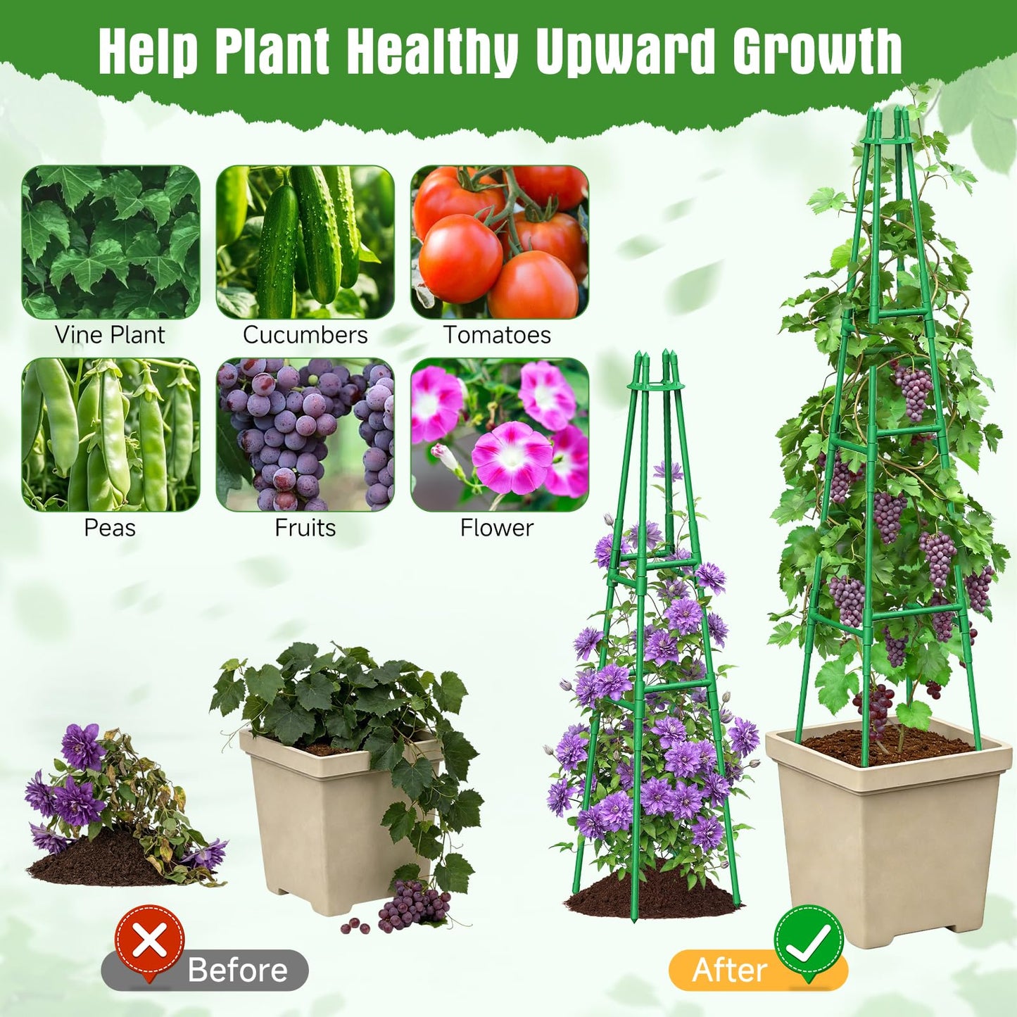 4 Pack 64" Tall Adjustable Obelisk Garden Trellis for Climbing Plants, Rust-Proof Pe Coated Metal Plant Trellis Support for Raised Beds, Potted Vines, Cucumbers, Tomatoes, Indoor Outdoor Use (4 Pack)