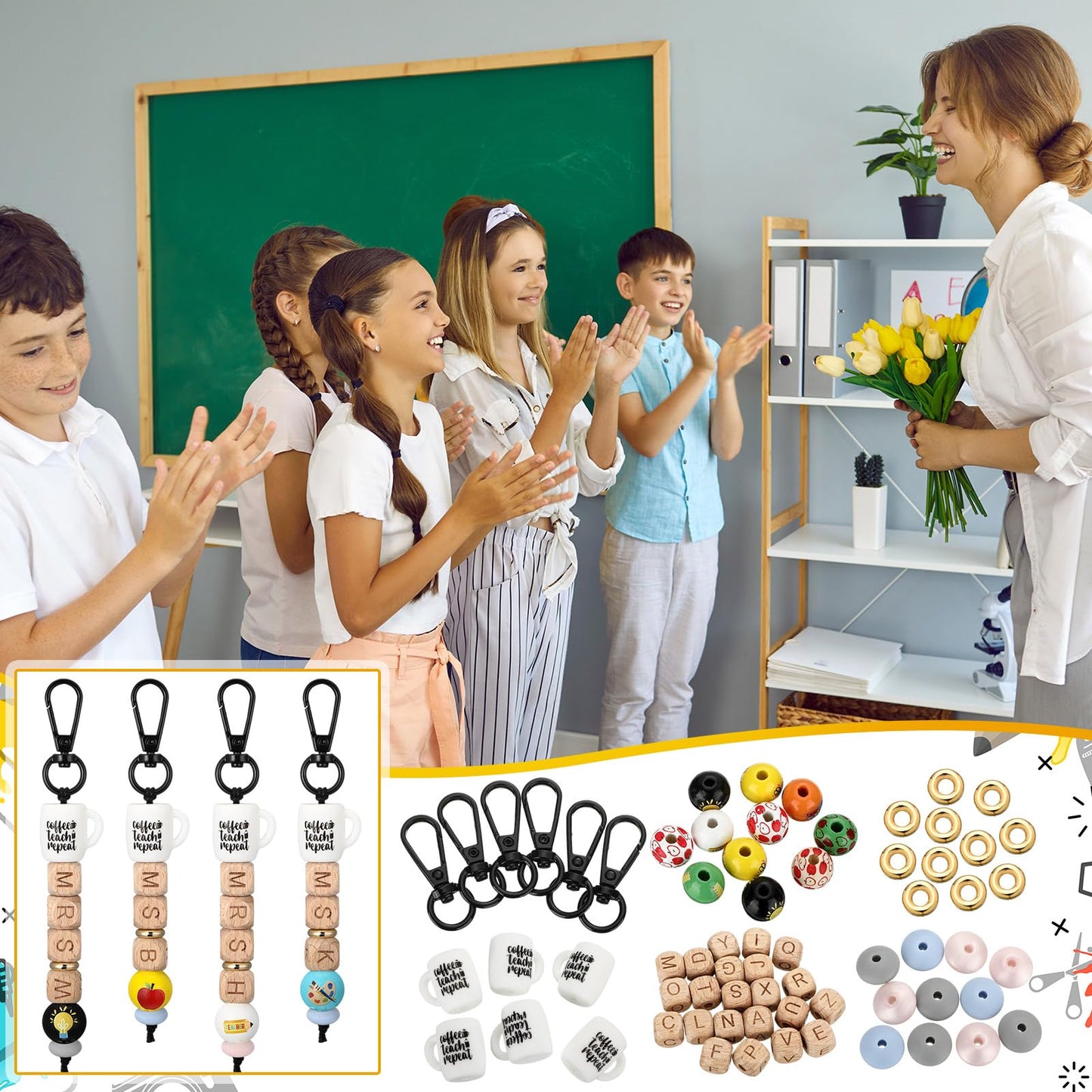 Ferreve 177 Pcs / 10 Sets Initial A to Z Teacher DIY Personalized Keychain Gift Beadable Key Chain Making Kit DIY Beaded Keychain Bar Personalized Crafts End of The Year Gift for Teachers