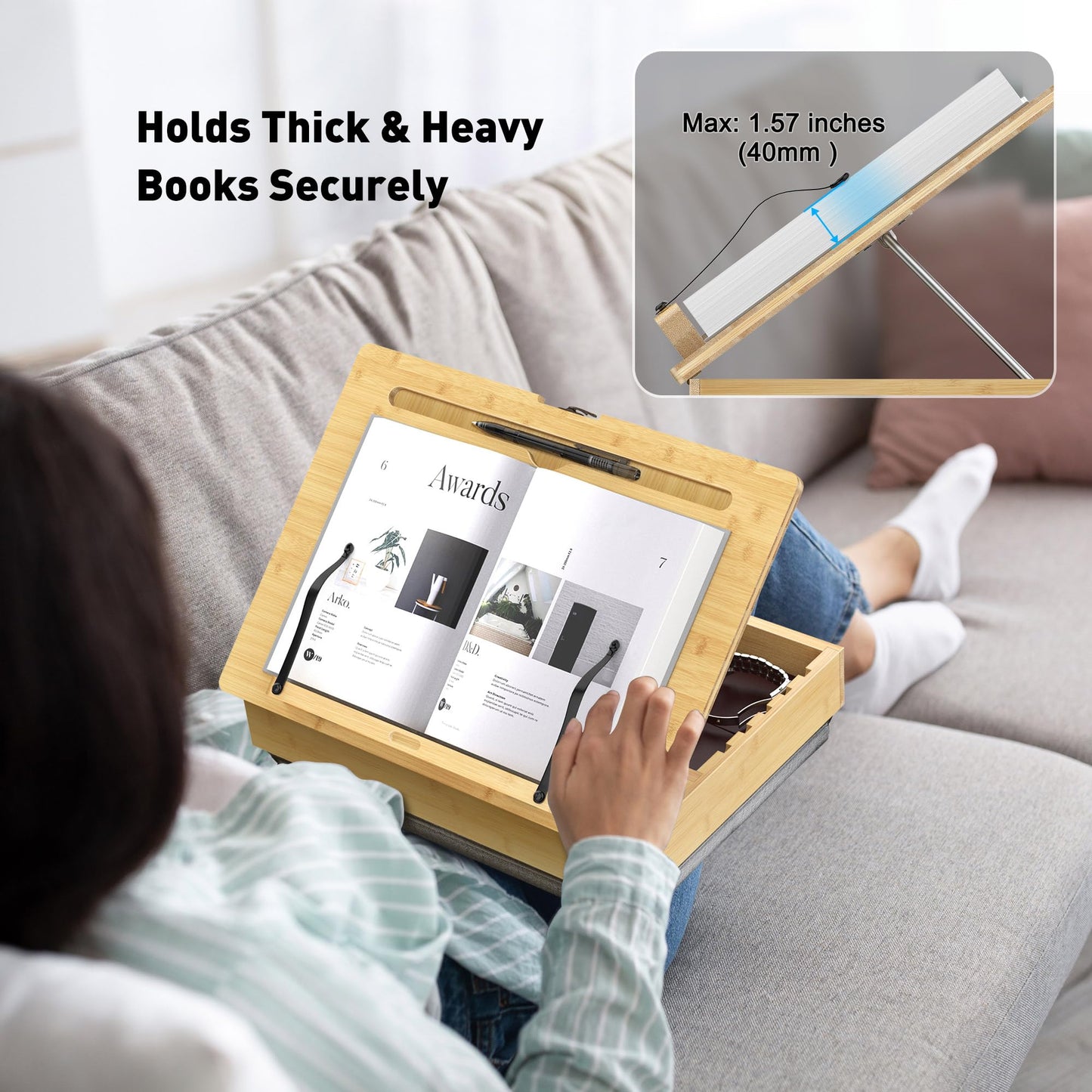 AboveTEK Book Stand for Reading with Storage, Adjustable Bamboo Book Holder with Soft Lap Cushion, Cookbook Stand, Hands-Free Book Reading Stand for Bed, Desktop & Kitchen Counter