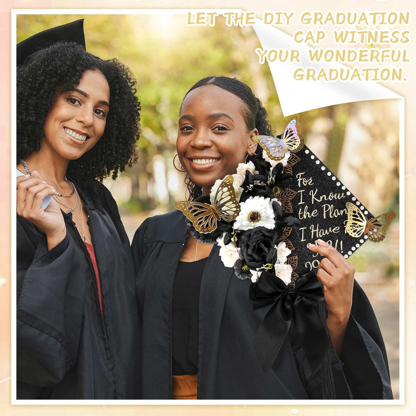 55 Pcs Black Gold DIY Graduation Cap Decorations Faux Assorted Flowers White Bows 3D Butterfly Stickers Glitter Alphabet Letter Number Decals for DIY Hat Grad Cap Topper Graduation Party Supplies