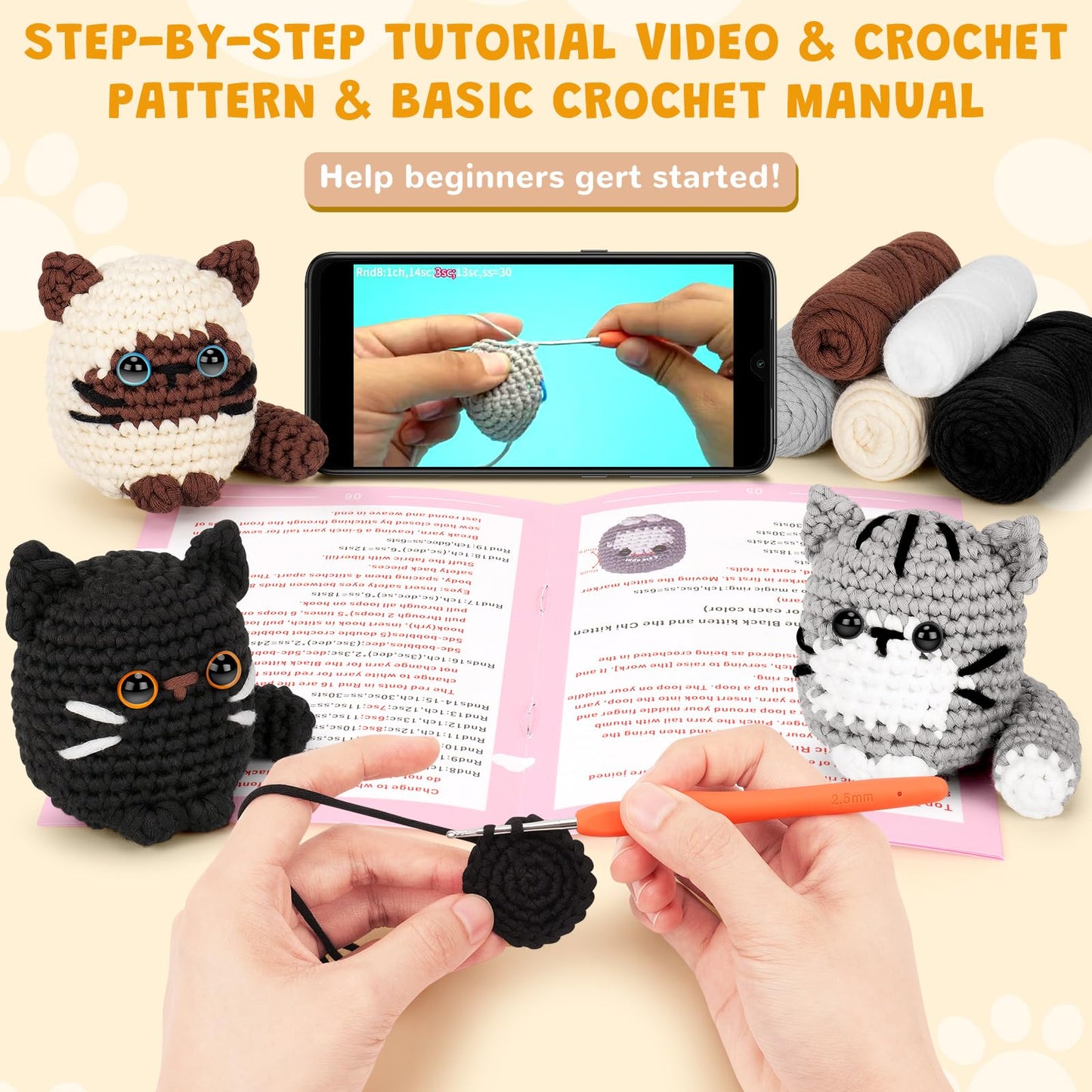 Fortuning's JDS Crochet Kit for Beginners, Cat Crochet Kit for Adults Beginner, Complete DIY Crochet Starter Kit with Step-by-Step Video Tutorials, Easy Knitting Kit Cat Crochet Gifts